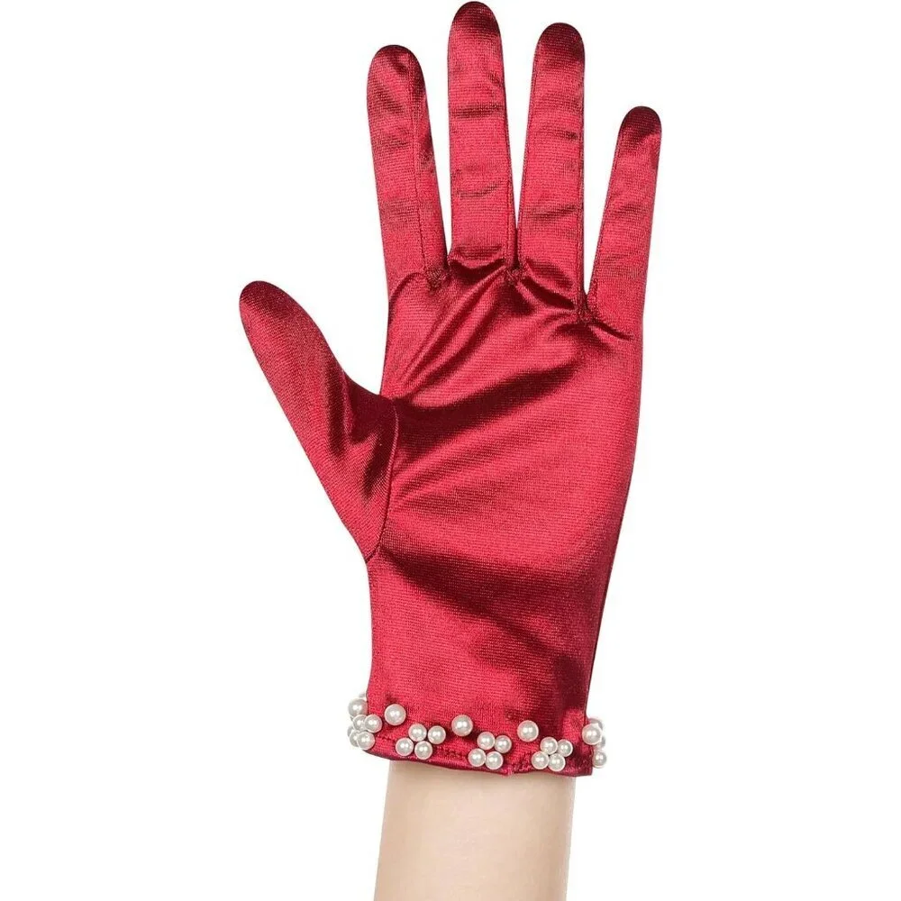 Women's Burgundy Satin Pearl Short Length Gloves Wedding Banquet Party Prom